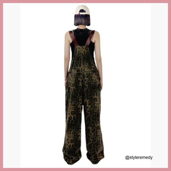 Leopard Print Denim Overalls, Loose Fit Wide Leg Jumpsuit - Picture 3 of 7